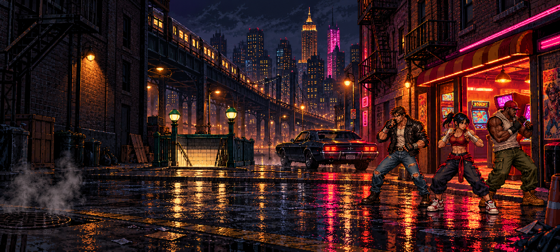 Original pixel-art street fighters outside a neon arcade